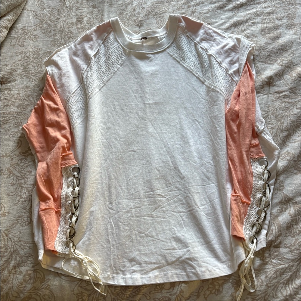 Free People White and Peach Lace-Up Long Sleeve Top